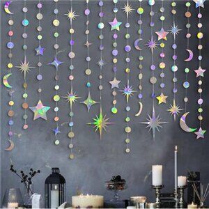 Iridescent Star Moon Garland Hanging Decorations Baby Shower Wedding Party